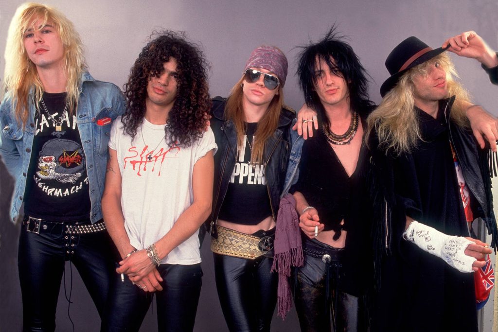 Guns N Roses 80s hard rock band studio portrait with Duff McKagan Slash Axl Rose and Izzy Stradlin Wallpaper