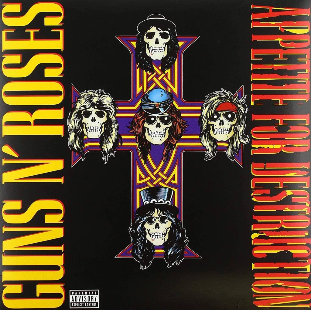 Guns N Roses Appetite for Destruction album art with skull cross on black rock wallpaper background