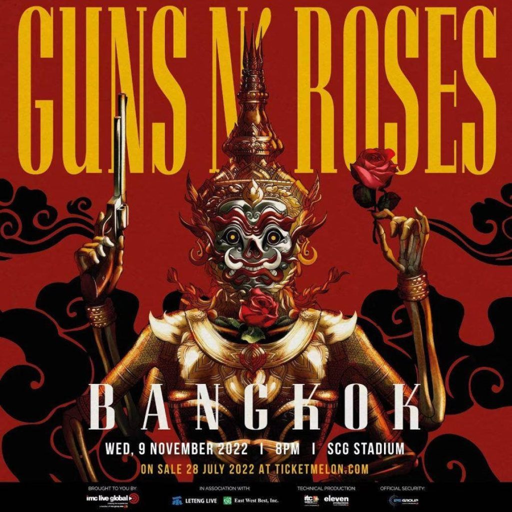 Guns N Roses Bangkok concert poster Yaksha mask with gun and rose red rock wallpaper background