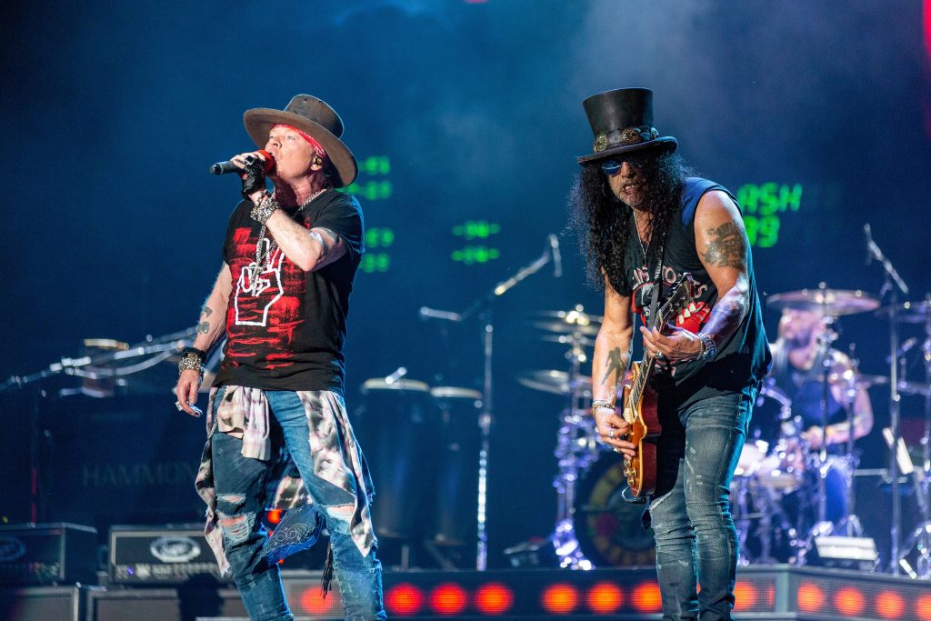 Guns N Roses Axl Rose and Slash live concert performance dynamic classic rock wallpaper