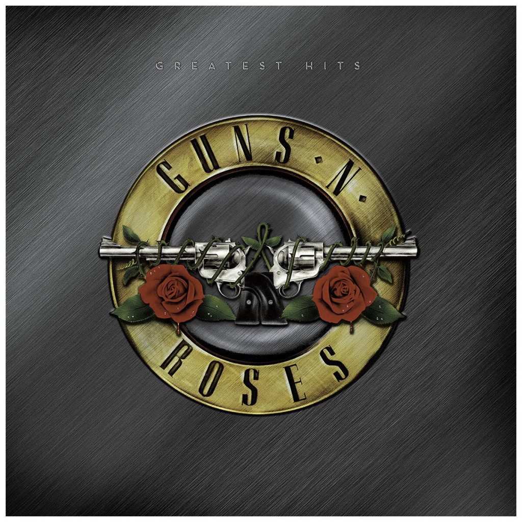 Guns N Roses Greatest Hits wallpaper with silver revolvers red roses on metallic black background