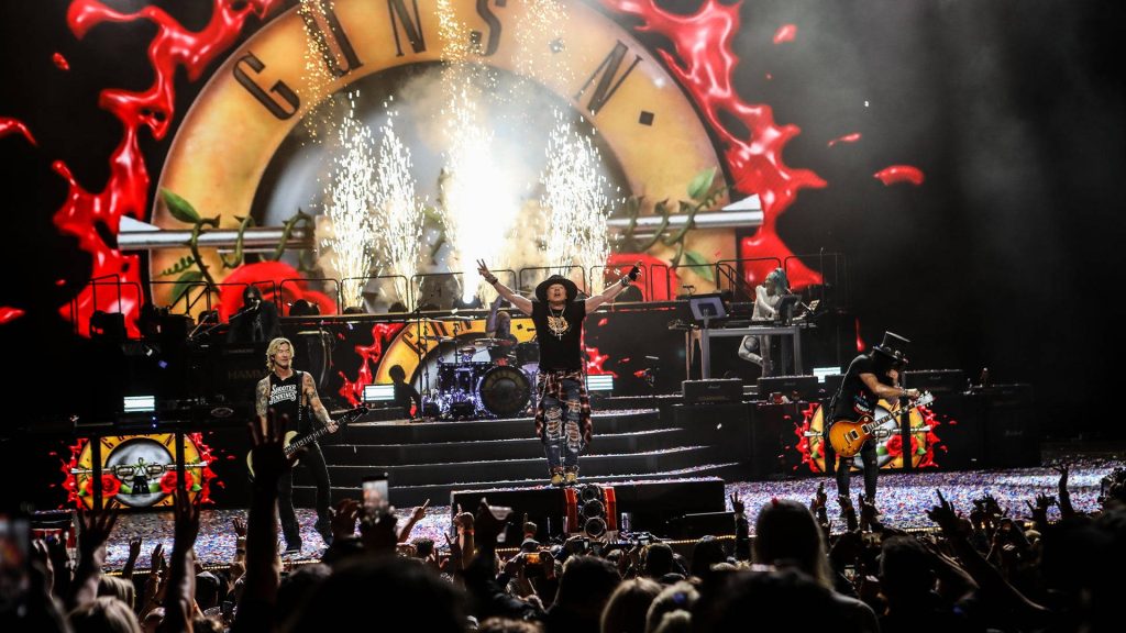 Guns N Roses live concert Axl Rose Slash Duff McKagan stage pyrotechnics rock wallpaper