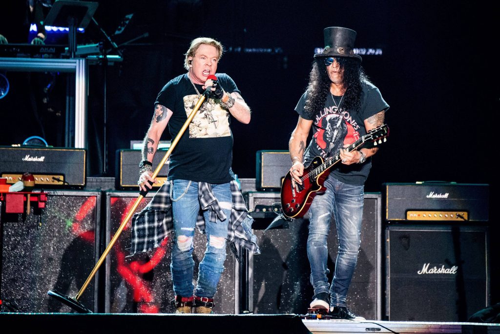 Guns N Roses live concert Axl Rose singing Slash playing guitar with Marshall amps background Wallpaper