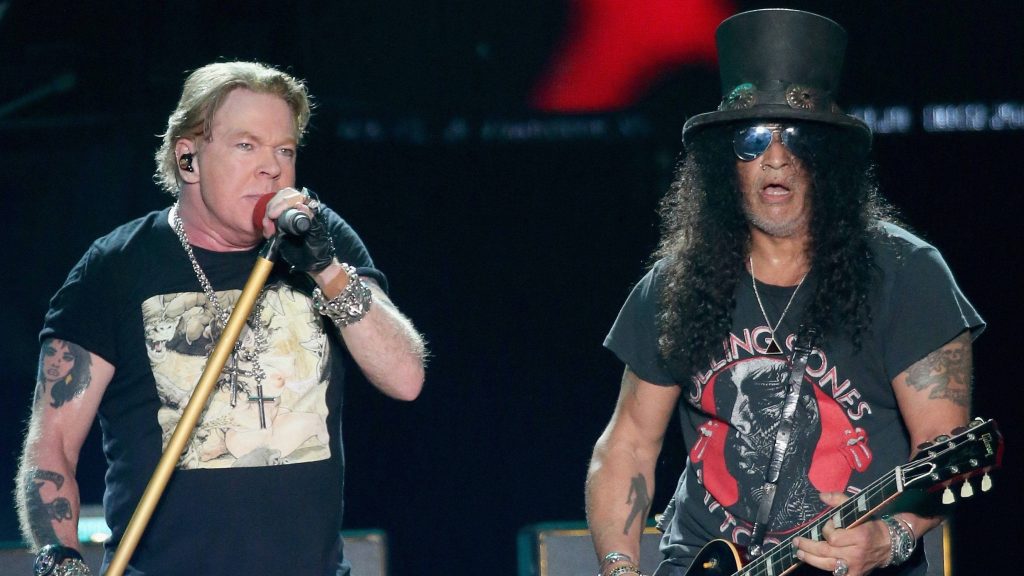 Guns N' Roses live concert Axl Rose singing Slash playing guitar iconic rock wallpaper