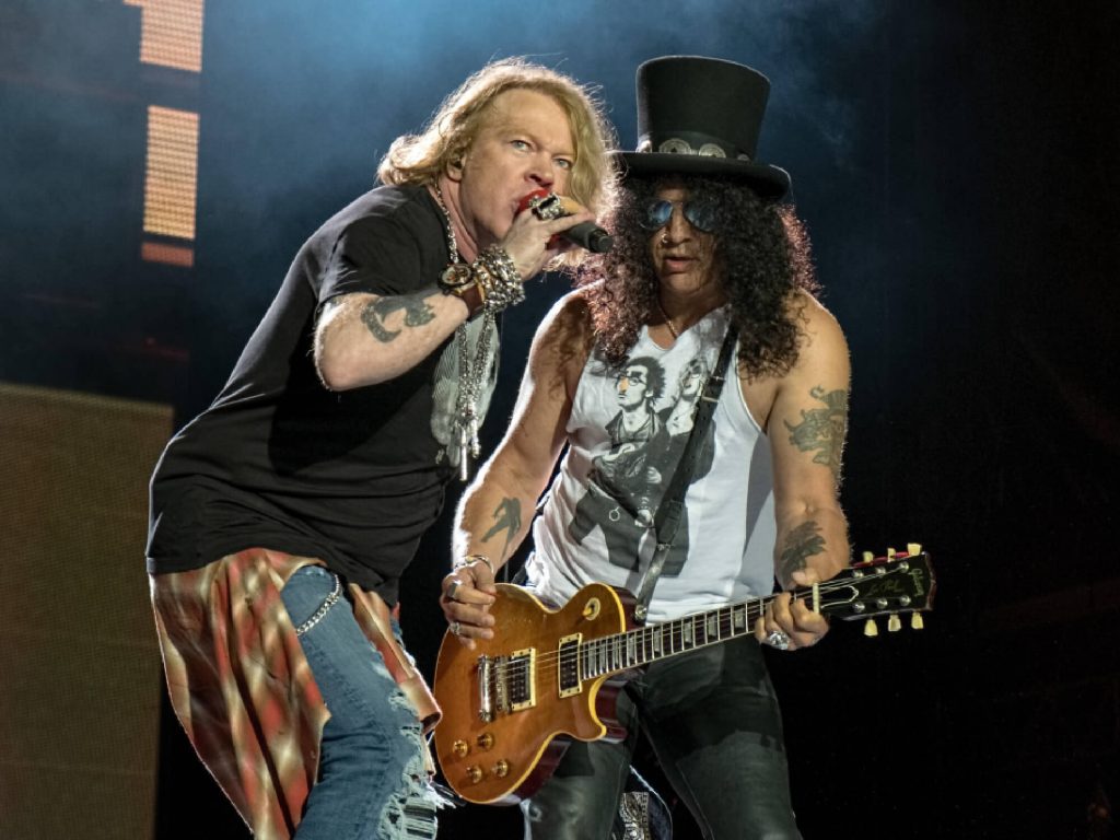 Guns N' Roses live concert with Axl Rose singing and Slash playing Gibson Les Paul guitar Wallpaper
