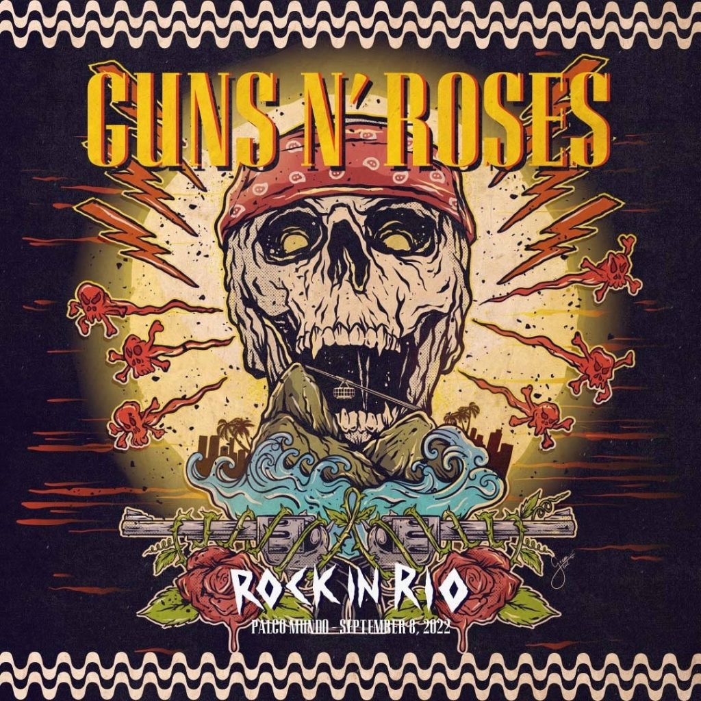Guns N Roses concert poster with skull bandana roses guns and Rio cable car Rock in Rio 2022 Wallpaper