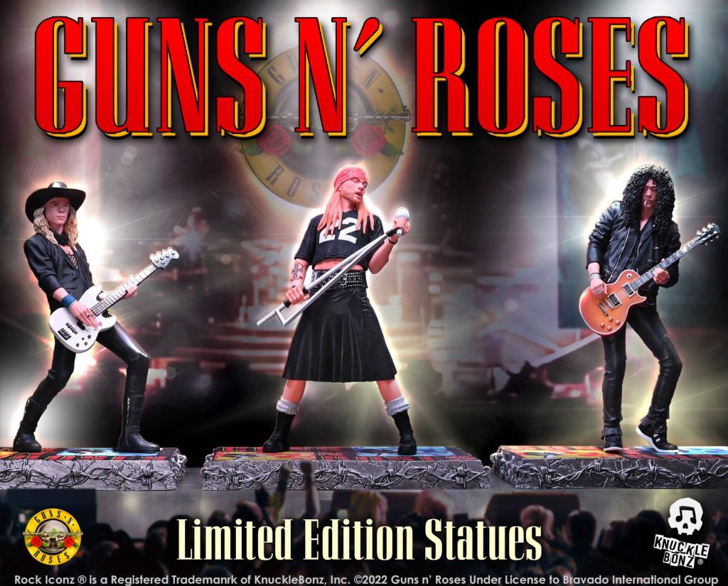 Guns N Roses wallpaper with detailed KnuckleBonz statues of Axl Rose Slash Duff McKagan on stage