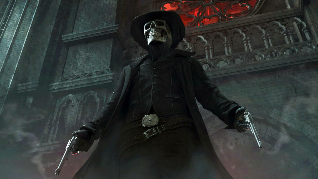 Shadowed Gunslinger: A Dark, Stylish Skeleton Desktop Wallpaper
