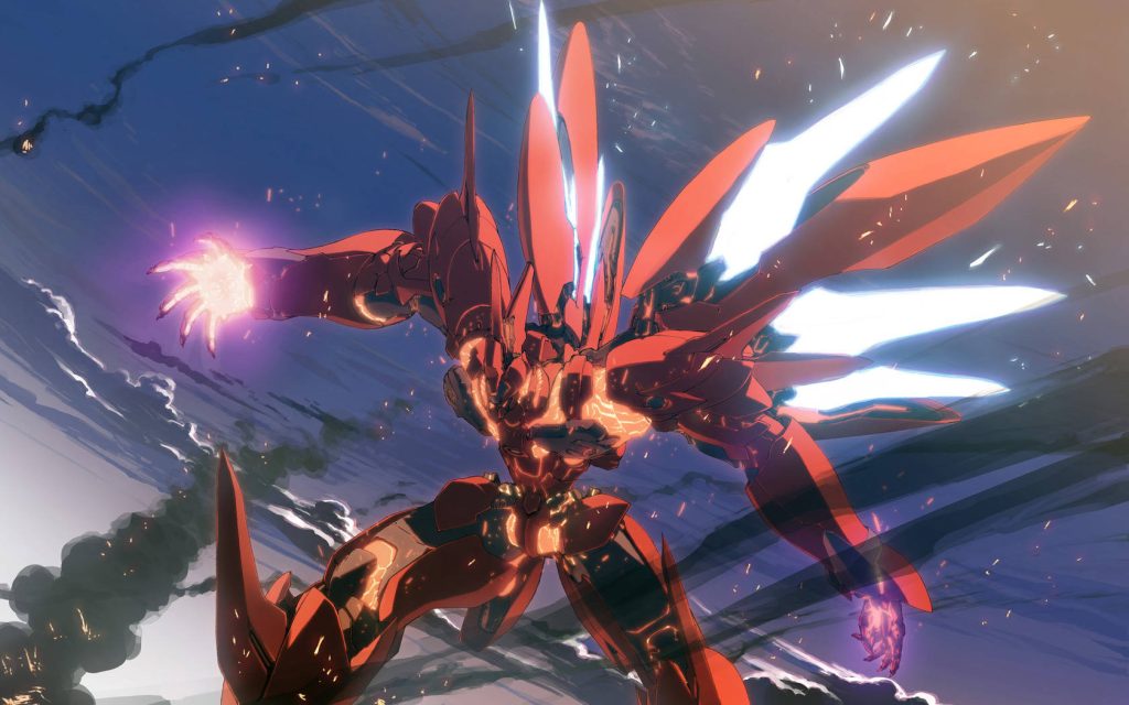 Guren Seiten Eight Elements red mecha from Code Geass with glowing armor and wings wallpaper
