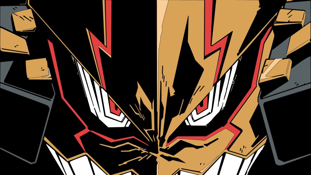 Close-up vector art of Gurren Lagann mecha face in bold red black and gold anime style wallpaper