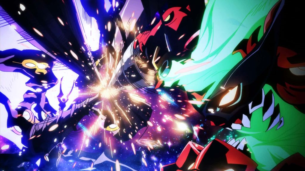 Dynamic Gurren Lagann anime mecha battle with vivid sparks glowing green light in deep space Wallpaper
