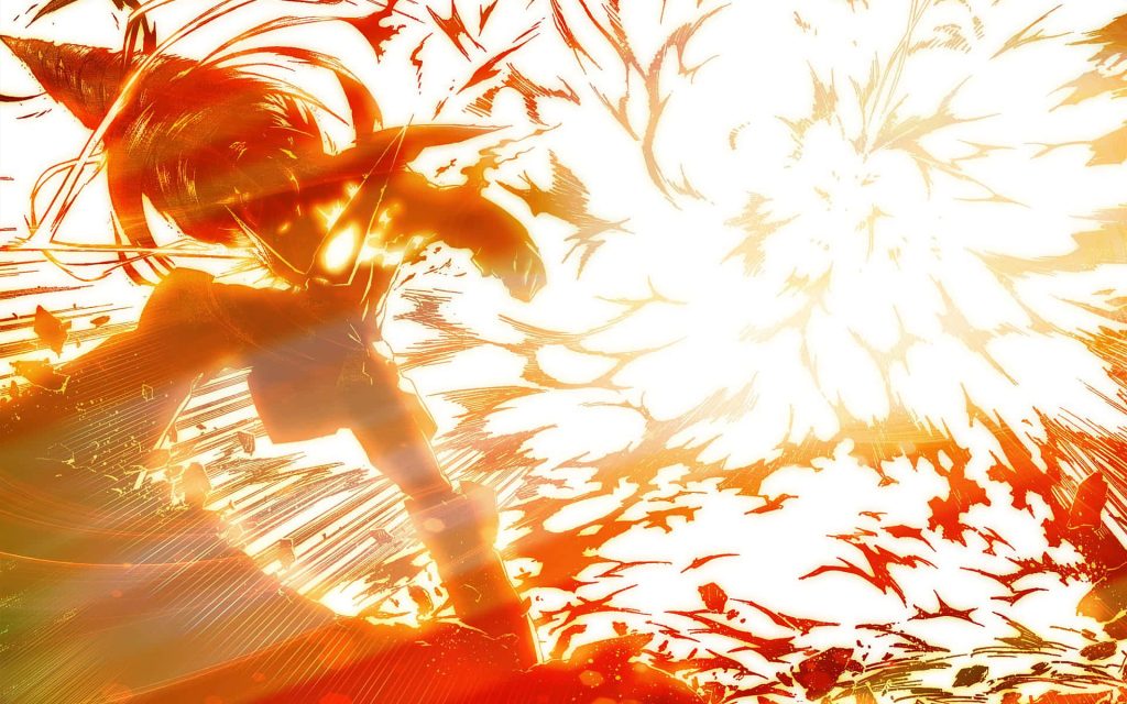 Gurren Lagann mecha charging through fiery explosion with dynamic speed lines wallpaper background