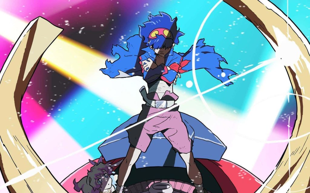Gurren Lagann anime wallpaper Kamina and Nia vibrant cosmic background heroic energy