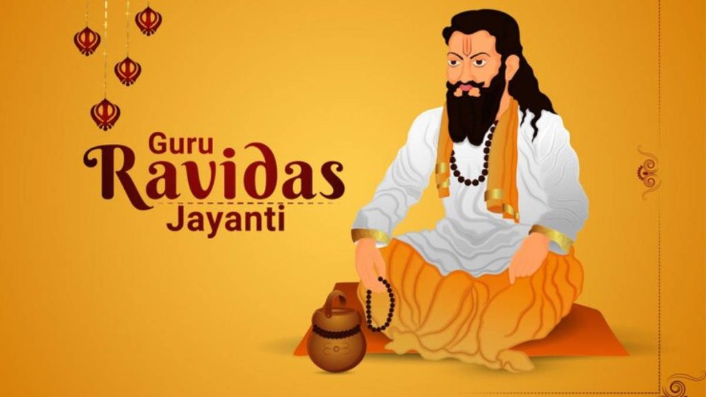 Guru Ravidas Jayanti digital illustration saint meditating in white and orange robes with Khanda backdrop Wallpaper