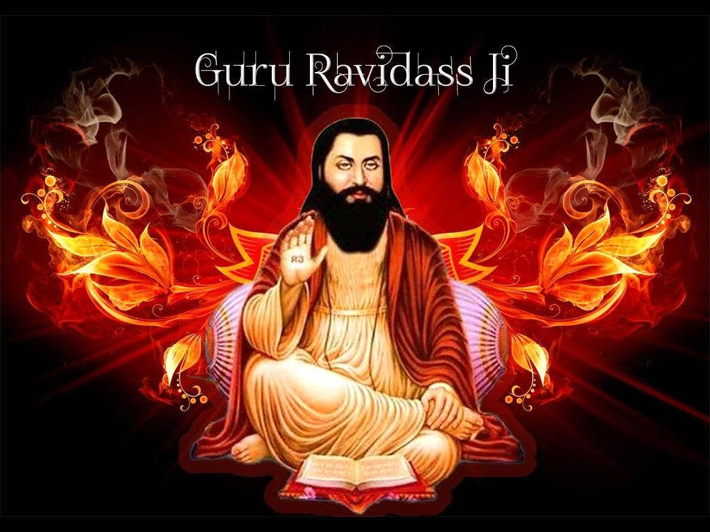 Guru Ravidas Ji meditating with scripture on vibrant fiery red orange floral spiritual wallpaper