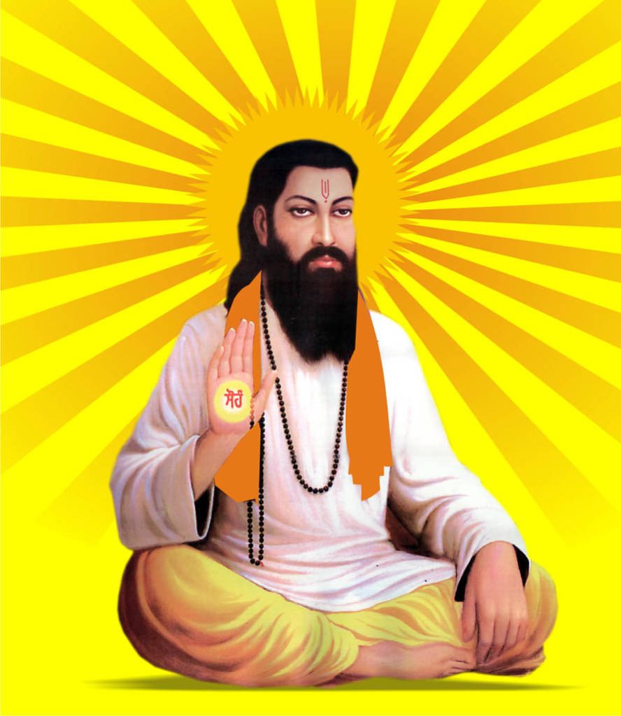 Guru Ravidas Ji digital art in meditation with glowing sunburst for spiritual wallpaper background