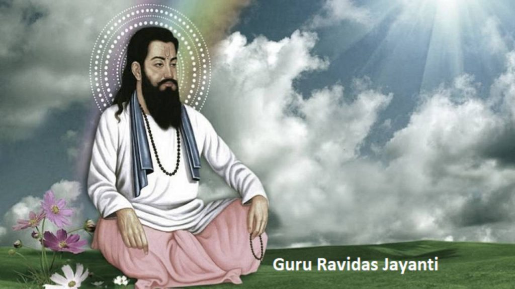 Guru Ravidas meditating with radiant halo in lush green field for Guru Ravidas Jayanti wallpaper