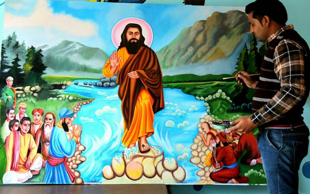 Guru Ravidas mural with devotees vibrant colors mountain landscape artist painting details Wallpaper