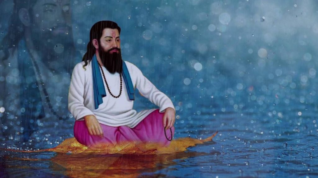 Guru Ravidas peaceful meditation on leaf blue tones gentle rain spiritual wallpaper background