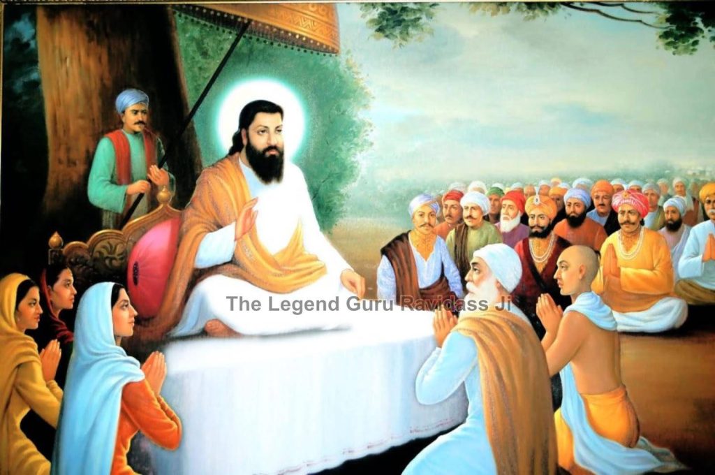 Guru Ravidas seated on elevated platform with halo surrounded by devotees in vibrant Indian art style Wallpaper