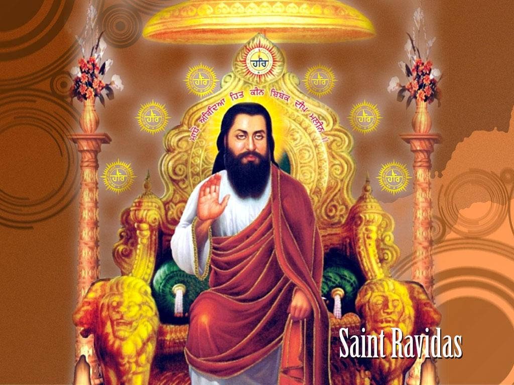 Guru Ravidas on golden lion throne with spiritual emblems glowing in warm divine aura wallpaper
