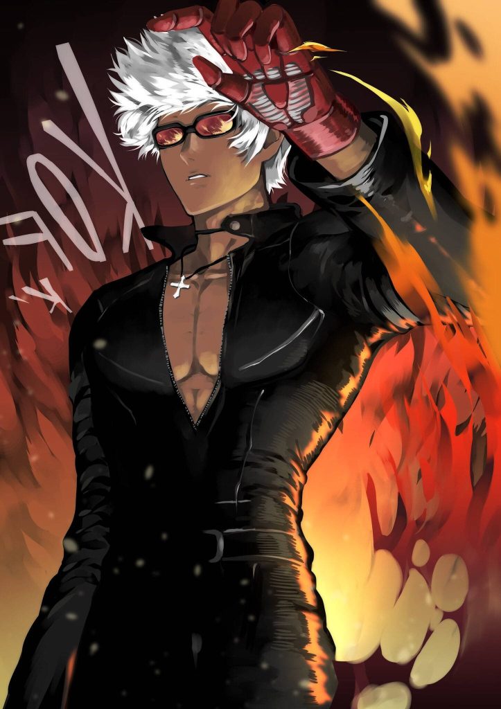 Anime-style digital art of Mobile Legends Gusion K skin with flames black leather red glove Wallpaper