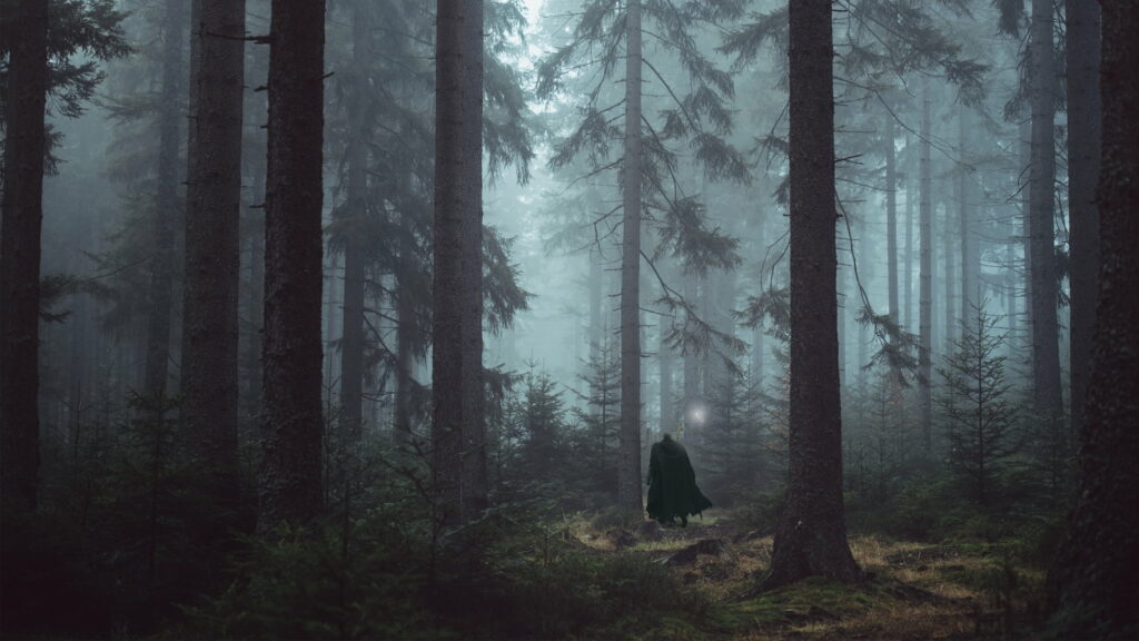 The Mythical Warrior's Solitude: Guts of Berserk Roams through the Enchanted Forest in this HD Dark Wallpaper