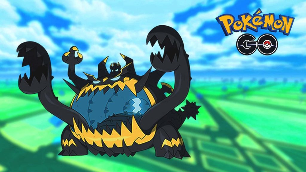 Guzzlord Ultra Beast Pokémon GO wallpaper on green map background for raid trainers desktop