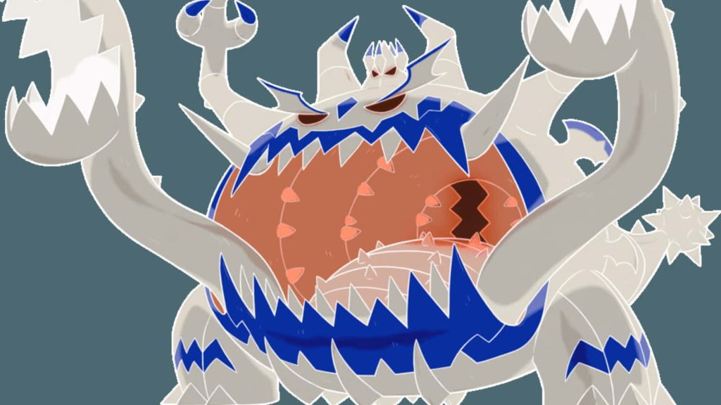 Digital artwork of Guzzlord Ultra Beast with inverted colors blue accents and glowing maw wallpaper