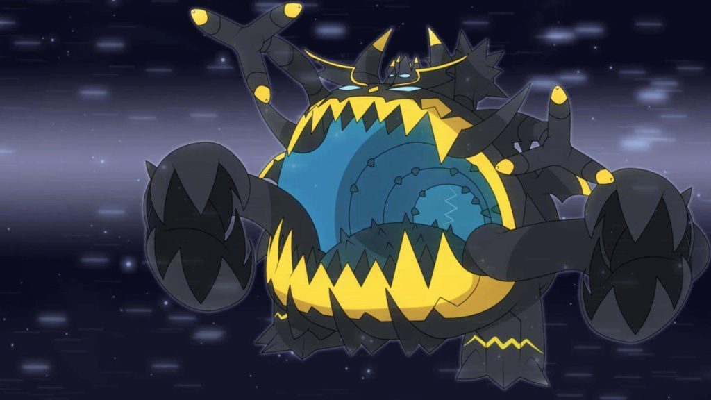 Guzzlord Ultra Beast Pokémon with black yellow armor and vortex mouth on starry dark background Wallpaper