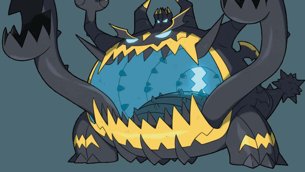 Guzzlord Ultra Beast digital art wallpaper with glowing blue mouth and sharp yellow teeth background