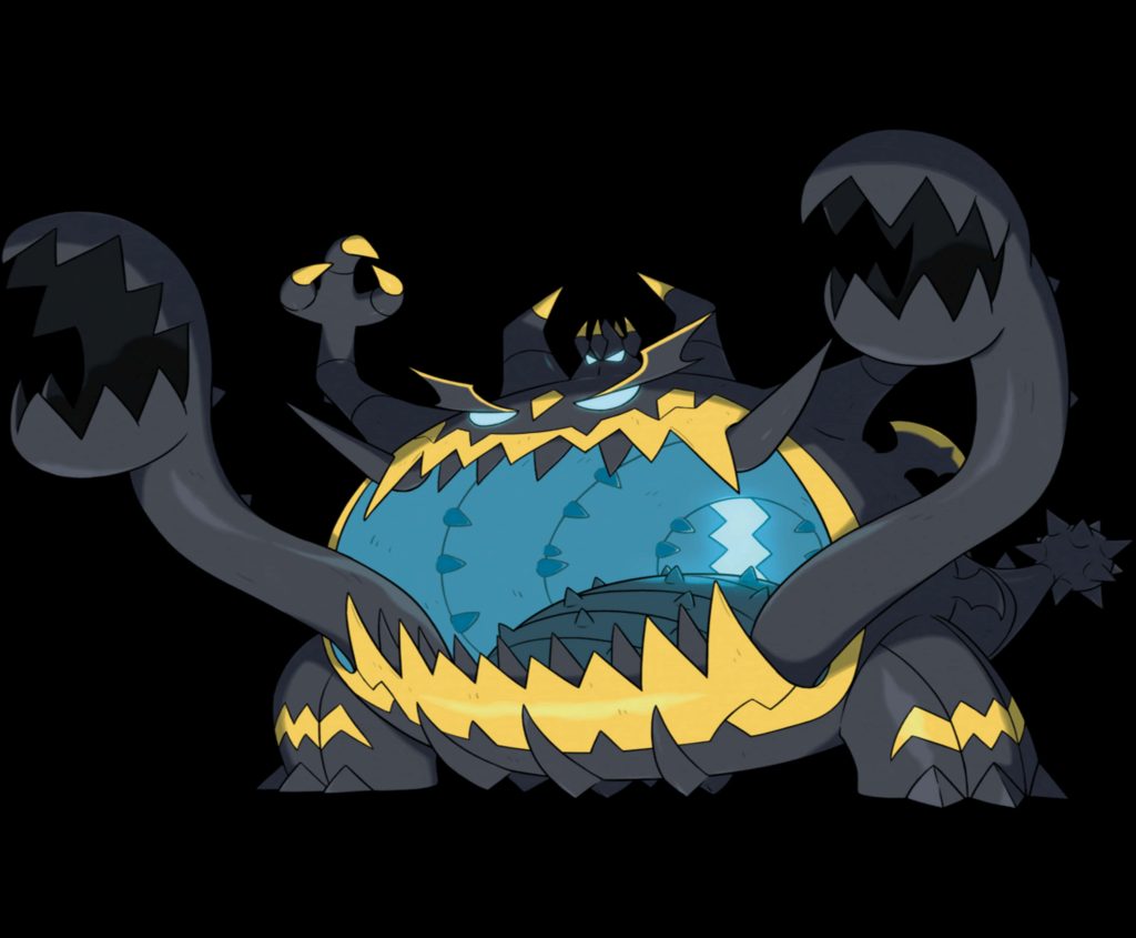 Guzzlord Ultra Beast wallpaper dark spiky body massive glowing blue maw yellow teeth artwork
