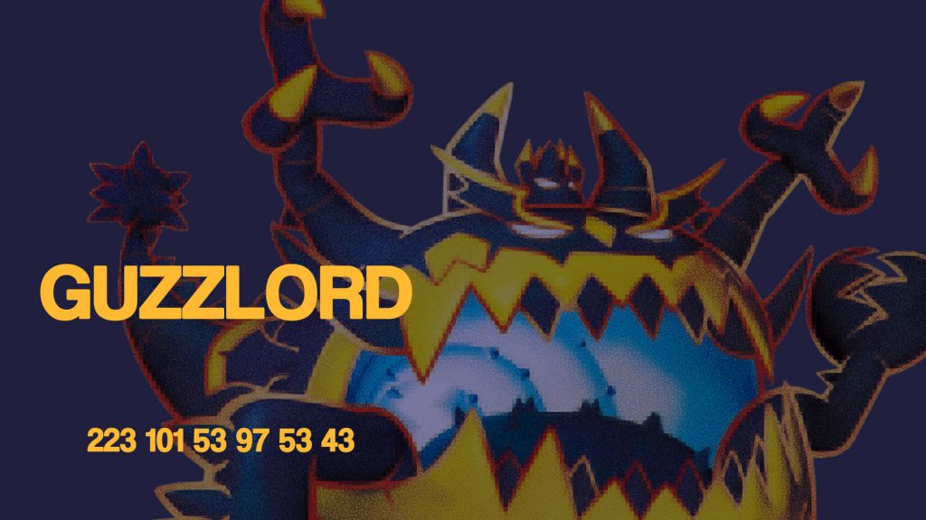 Guzzlord Ultra Beast wallpaper with glowing blue core sharp yellow accents dark textured background
