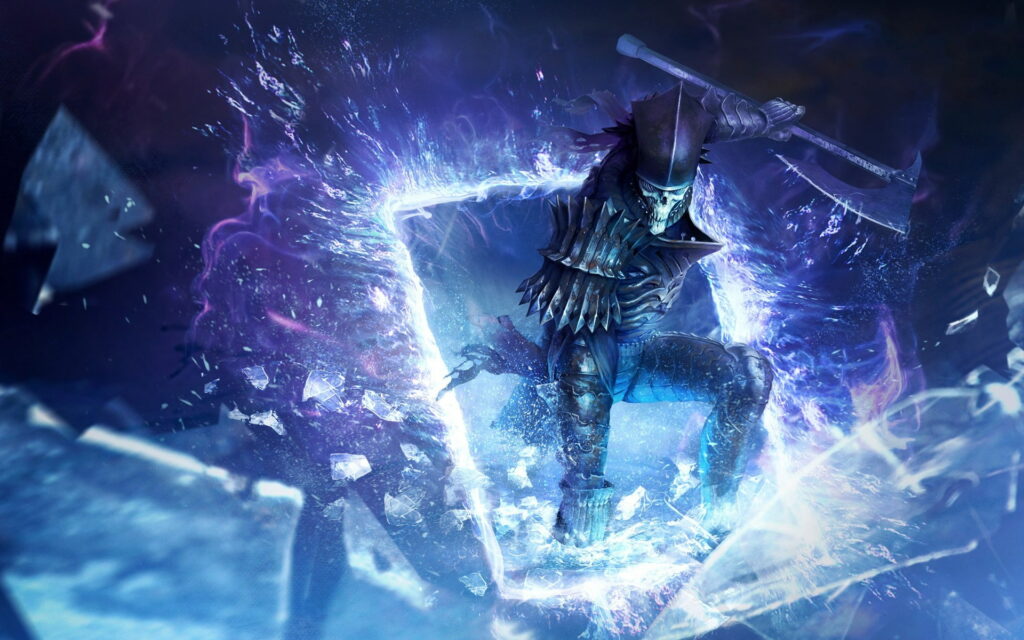 Caranthir Ar-Feiniel armored skeletal warrior with axe emerges from icy portal Gwent wallpaper