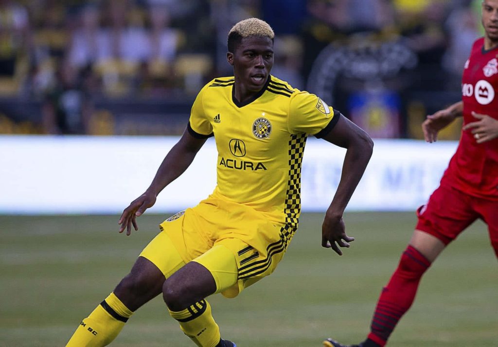 Gyasi Zardes Columbus Crew MLS action photo dynamic soccer wallpaper intense athleticism