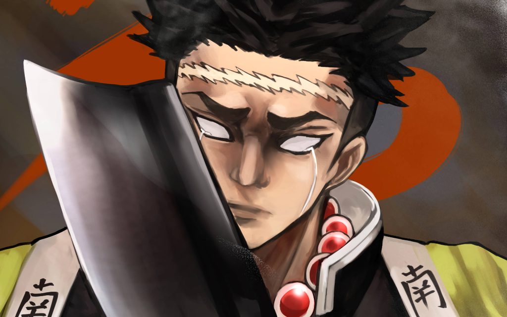 Gyomei Himejima Demon Slayer anime wallpaper with axe white eyes tears orange background intense