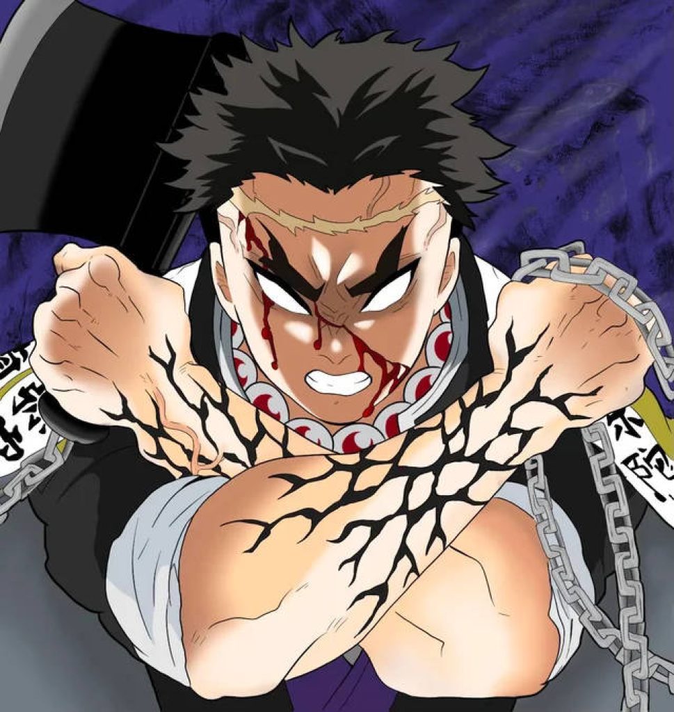 Gyomei Himejima Stone Hashira fierce battle stance blood-streaked Demon Slayer anime wallpaper