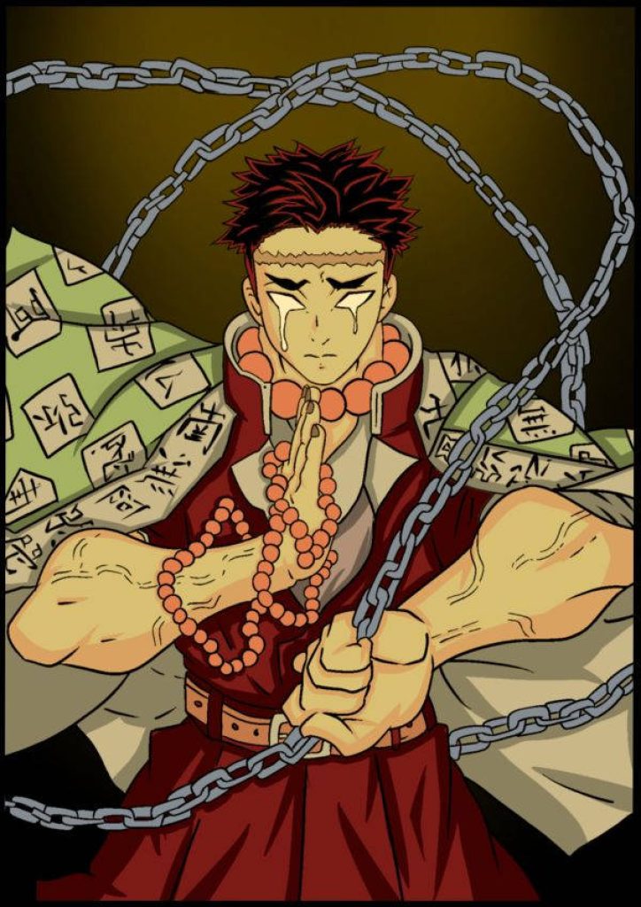 Gyomei Himejima Stone Hashira Demon Slayer wallpaper muscular pose with prayer beads chain background