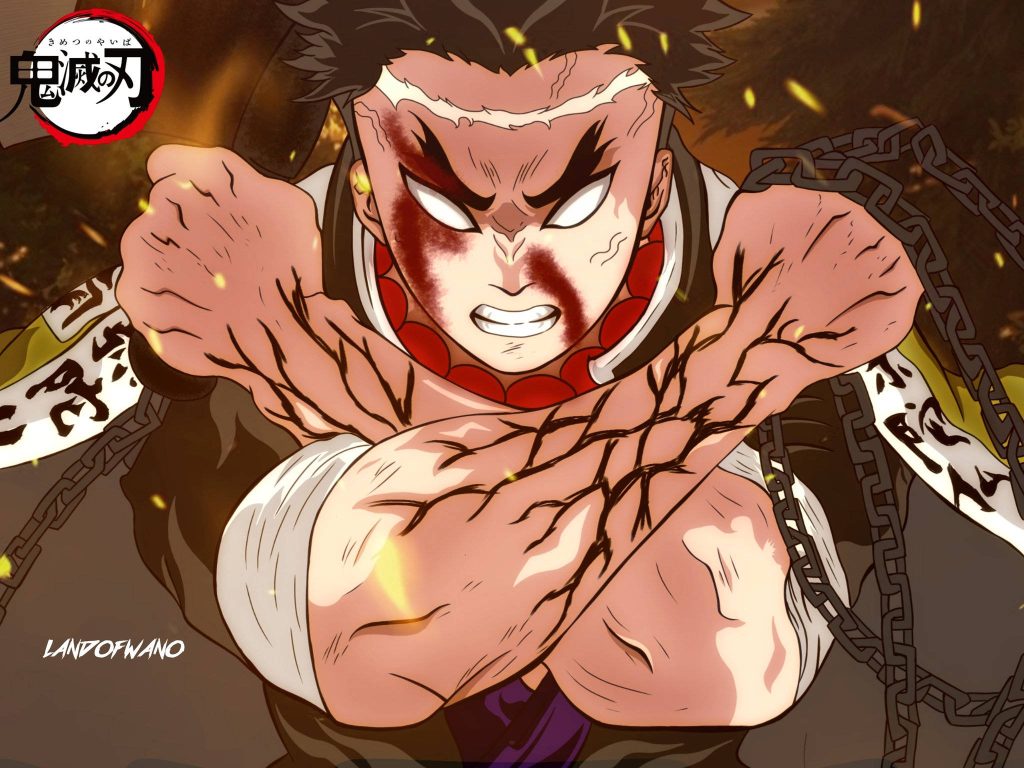 Gyomei Himejima Stone Hashira fierce stance with chains blood stains golden embers wallpaper