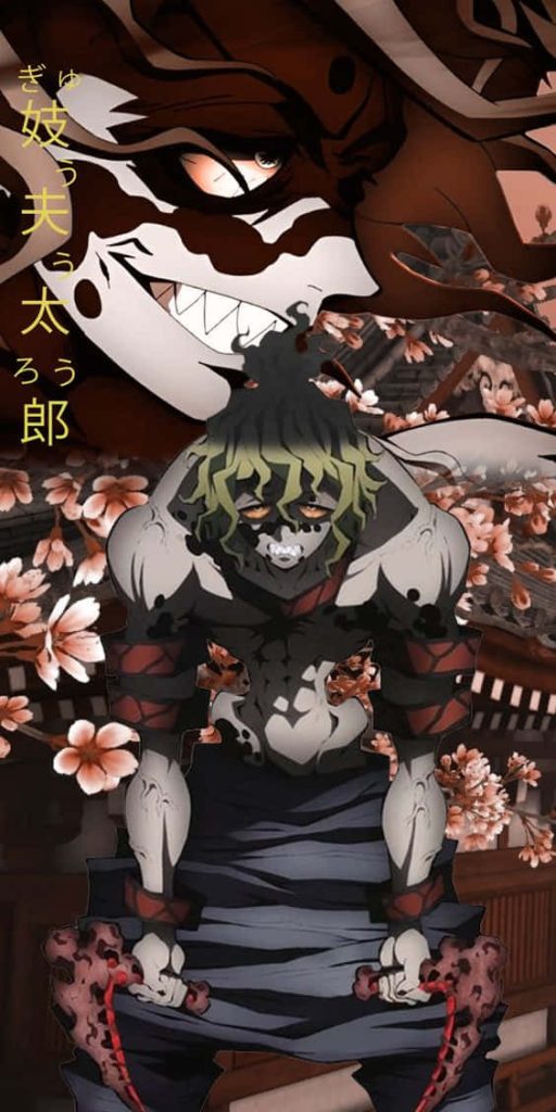 Gyutaro Demon Slayer anime wallpaper with blood-sickles cherry blossoms dark intense art