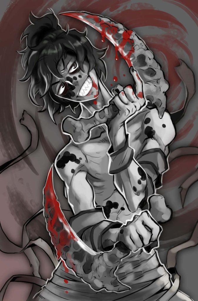 Gyutaro Demon Slayer wallpaper sharp anime art bloodied sickles pale skin red accents intense