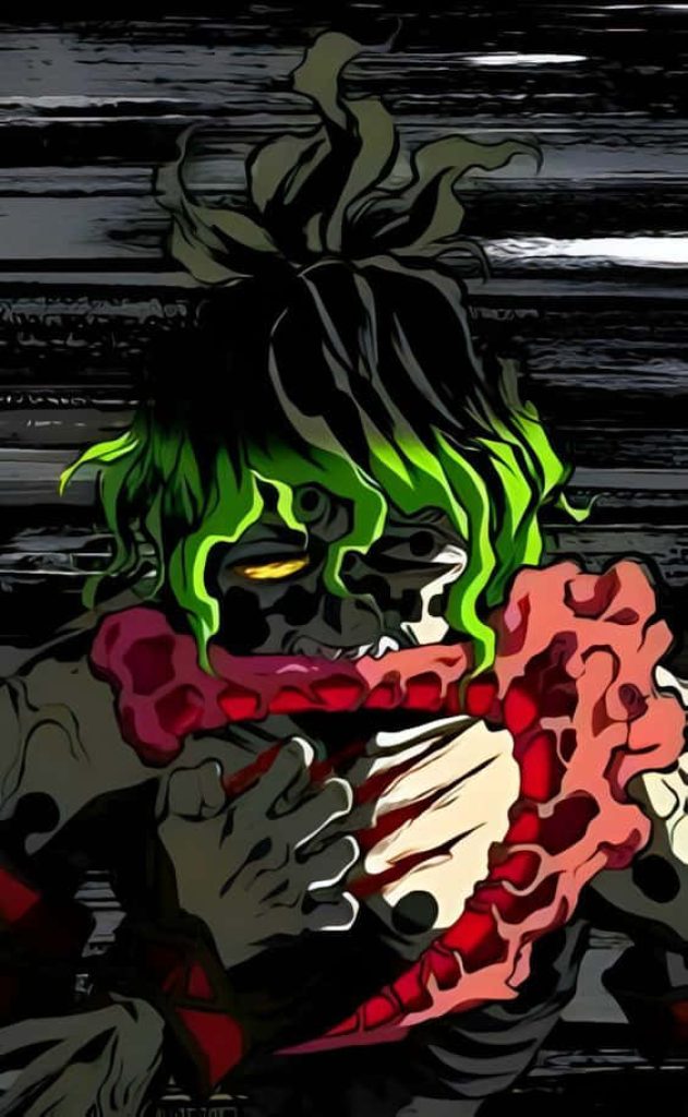 Gyutaro Demon Slayer wallpaper with yellow eyes red blood sickle and green hair background