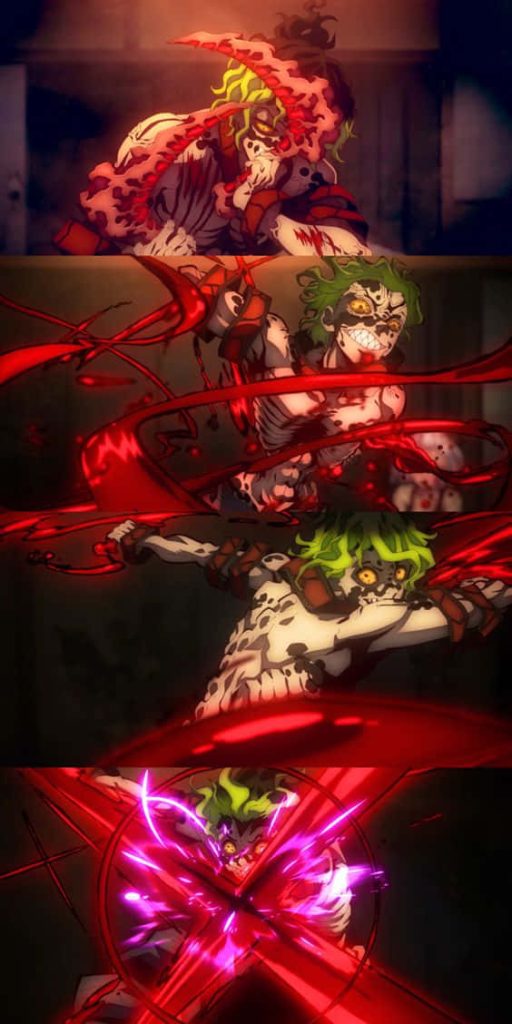 Gyutaro Demon Slayer wallpaper multi-panel anime art blood sickles green hair yellow eyes intense