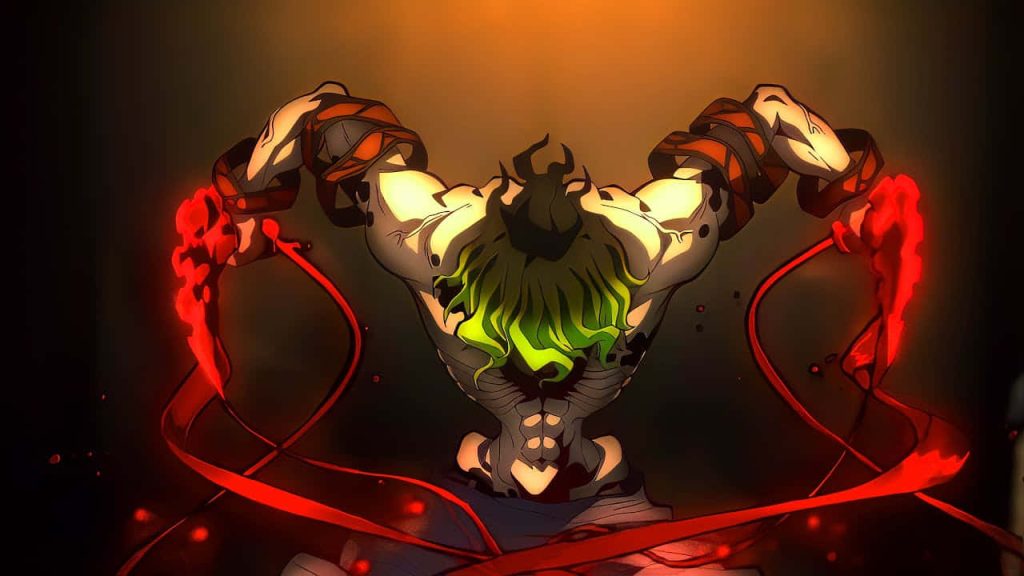 Gyutaro Demon Slayer wallpaper showing skeletal back green hair red blood sickles dark background