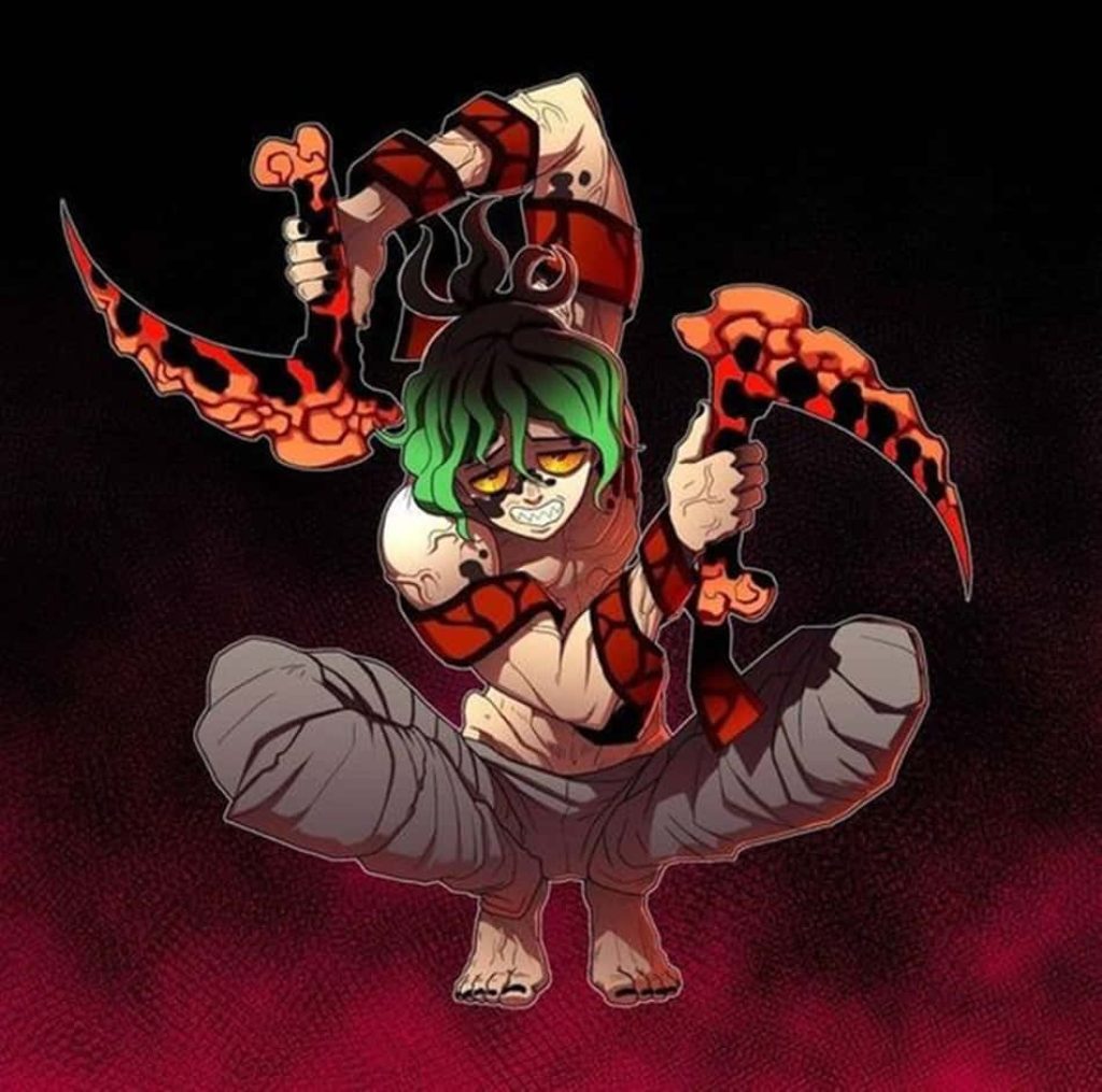 Demon Slayer Gyutaro crouched with blood-sickles green hair dark red background wallpaper background