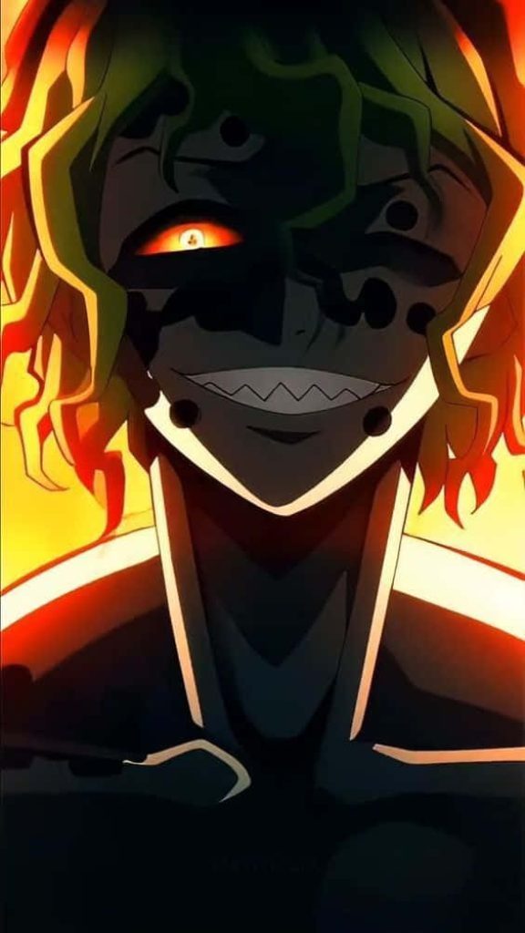 Gyutaro Demon Slayer wallpaper with fiery gaze jagged smile dark dramatic anime background