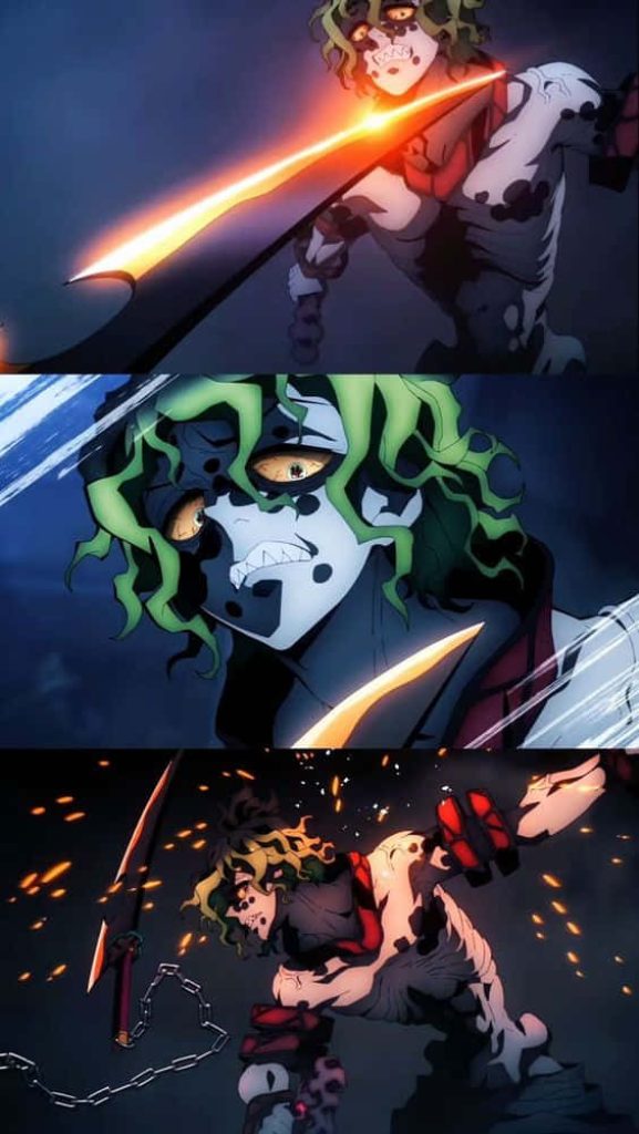 Gyutaro anime wallpaper action shot glowing blood sickles fiery sparks Demon Slayer villain