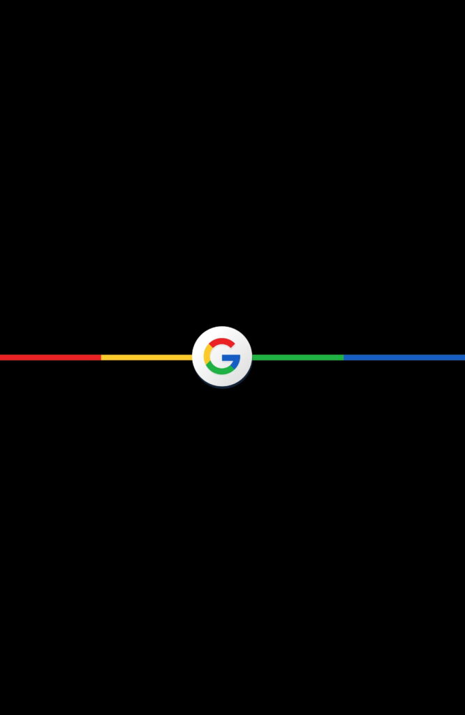 Minimalist AMOLED Google G logo wallpaper with colorful line on pitch-black Pixel phone background
