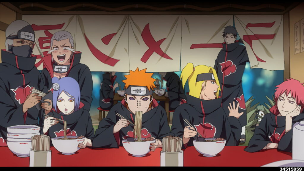 Akatsuki Naruto characters enjoy casual ramen meal in colorful anime wallpaper background