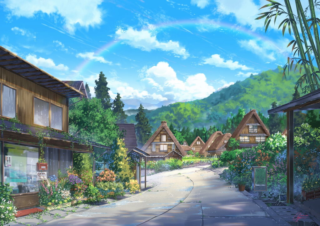 Vibrant Anime Landscape Wallpaper: Quaint Village & Serene Nature